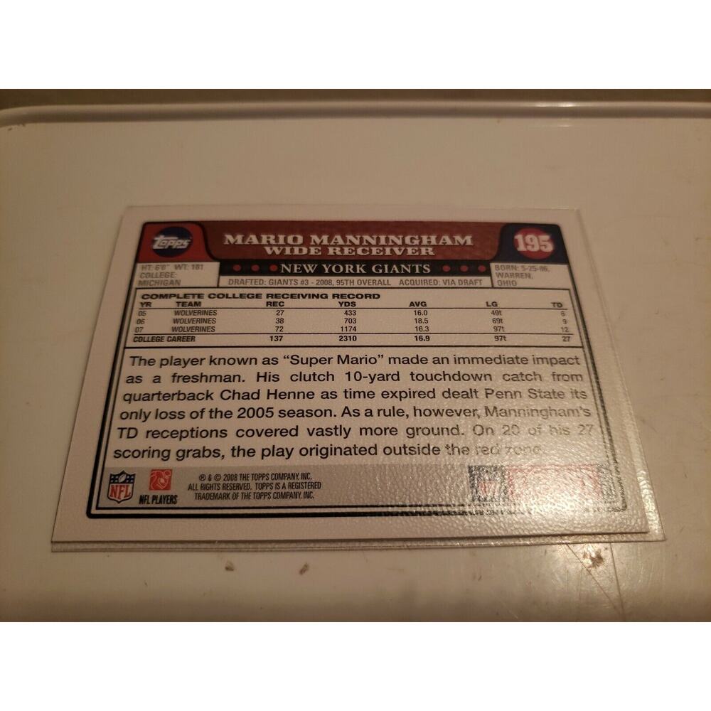Mario Manningham 2008 Topps #195 - Rookie Card - New York Giants - NFL - Picture 2 of 3